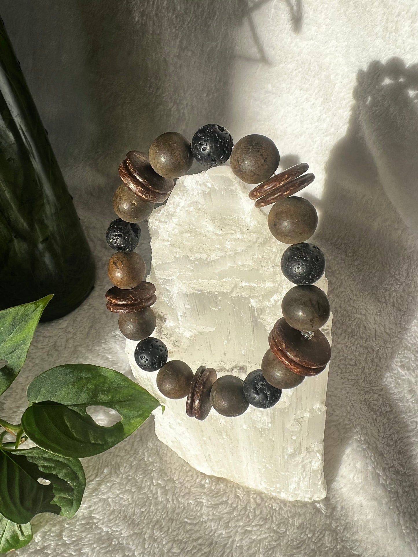Pyrite, Lava Stone, and Wooden bead Grounding Bracelet