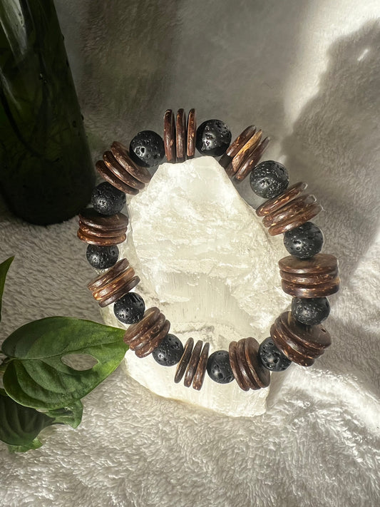 Chunky wooden bead and Lava Stone Grounding Bracelet